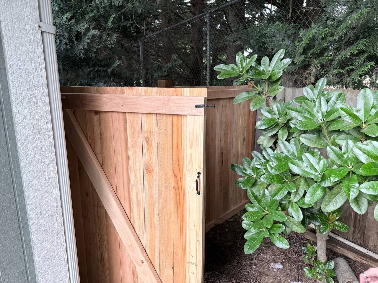 Custom cedar gate opening to a fenced backyard
